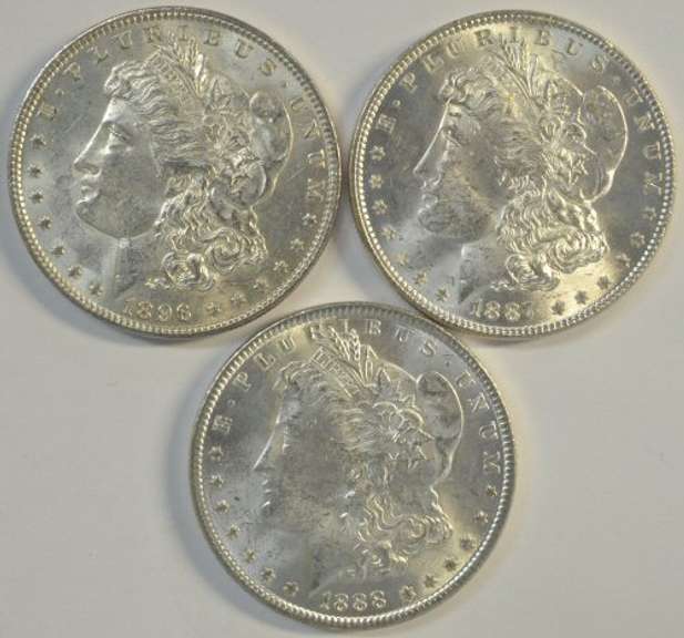 3 Diff. bright-white lustrous BU 'P' Mint Morgan Silver Dollars
