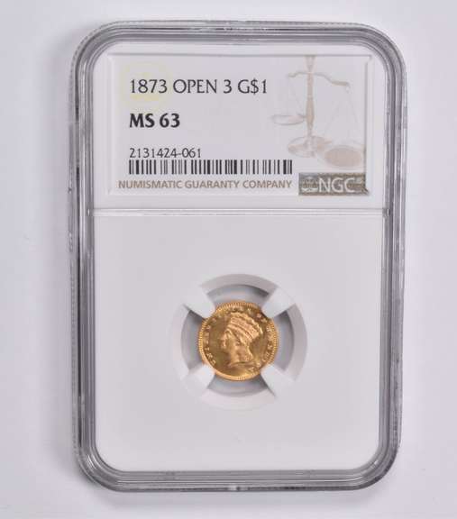 MS63 1873 $1 Indian Princess Head Gold Dollar Open 3 NGC