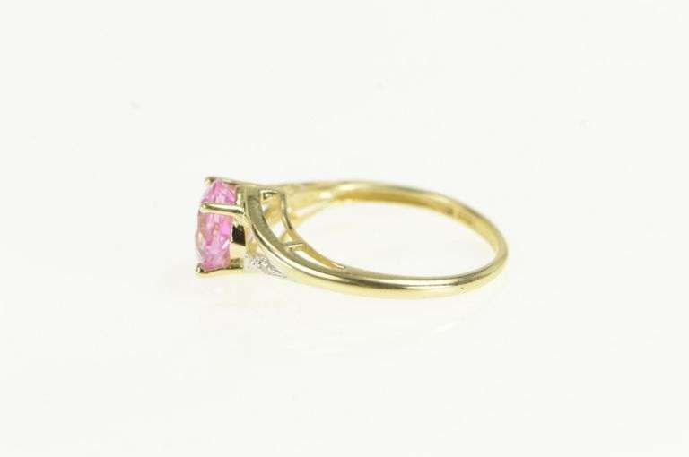 10K Yellow Gold Cushion Pink Topaz Diamond Accent Vintage Ring