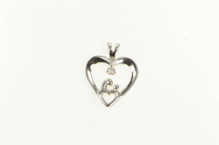 14K White Gold Diamond Heart Mom & Child Mother's Day Pendant