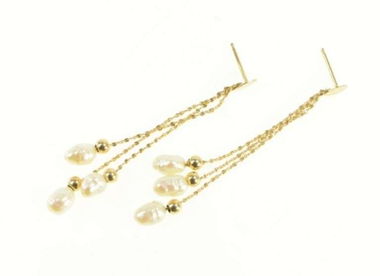 14K Yellow Gold Retro Pearl Fringe Dangle Tassel Statement Earrings