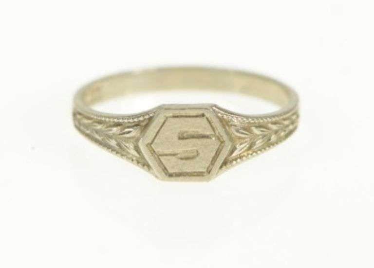 10K Yellow Gold Art Deco S Monogram Name Initial Letter Ring