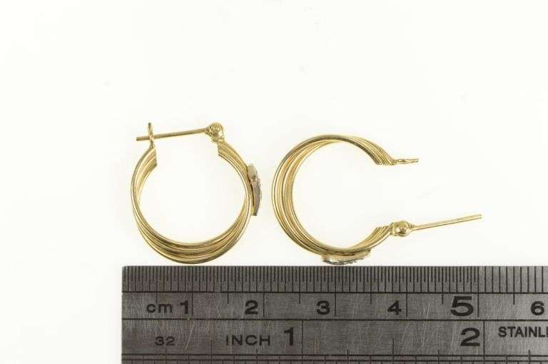 14K Yellow Gold Diamond Twist Design Vintage Statement Hoop Earrings