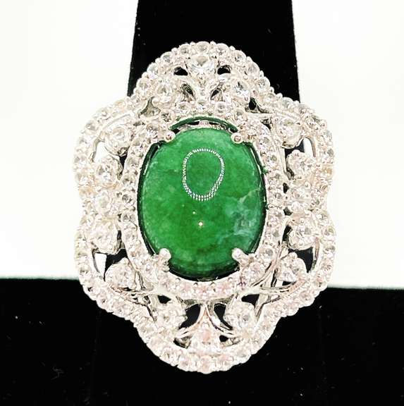 7.0+ Carat Emerald and White Sapphire Sterling Sliver Ring. Gorgeous!
