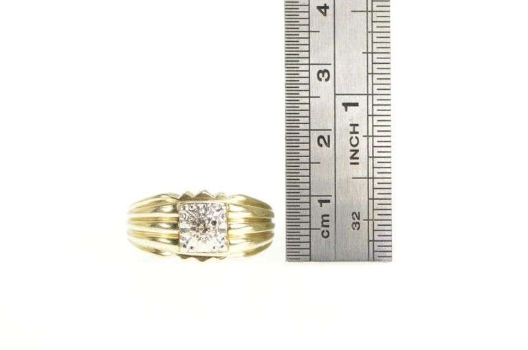 14K Yellow Gold Diamond Squared Men's Grooved Wedding Ring