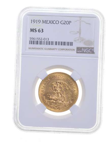 MS63 1919 Mexico 20 Pesos Gold - Graded NGC