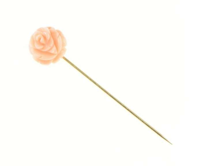 14K Yellow Gold Carved Pink Coral Rose Flower Vintage Pin/Brooch