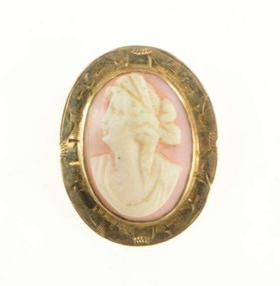 14K Yellow Gold Vintage Carved Coral Cameo Ornate Pin/Brooch