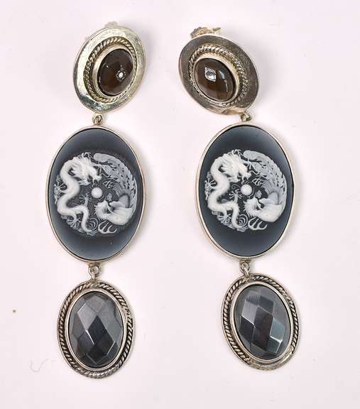 Dragon Cameo Earrings In Sterling Silver