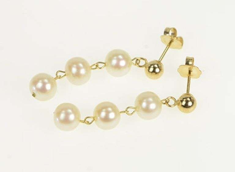 14K Yellow Gold 5.8mm Pearl Dangle Chain Fringe Tassel Earrings