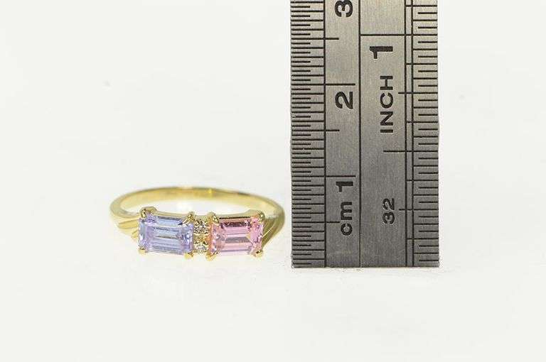 14K Yellow Gold Pink & Purple Emerald Cut Cubic Zirconia Ring