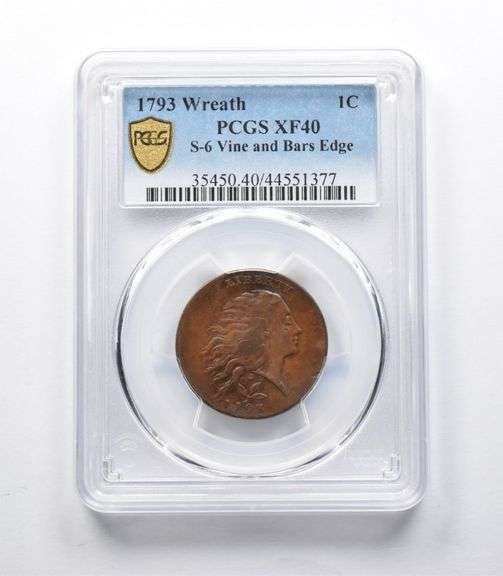 XF40 1793 Flowing Hair Large Cent Wreath S-6 Vine & Bars Edge PCGS