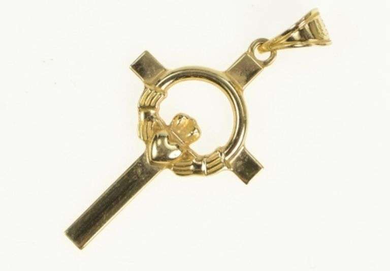 14K Yellow Gold Claddagh Celtic Motif Cross Christian Charm/Pendant