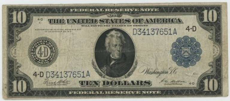 Desirable 1914 Series Large Size $10 Federal Reserve Note