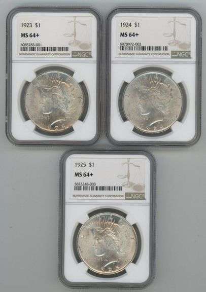 3 Diff virtual Gem BU Peace Silver Dollars. NGC MS64+