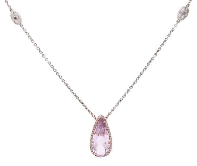 Rose De France Amethyst and 0.36ctw Diamond Frame Pendant Necklace in 14K