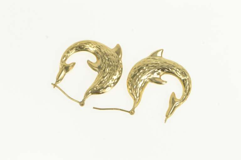 14K Yellow Gold Diamond Cut Dolphin Puffy Statement Hoop Earrings