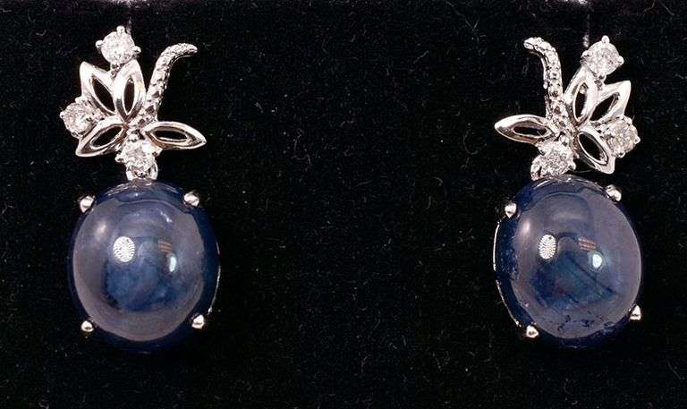 Spakling 15.38CTW Cabochon-Cut Star Sapphire & 0.27CTW Diamond Earrings in Sterling Silver