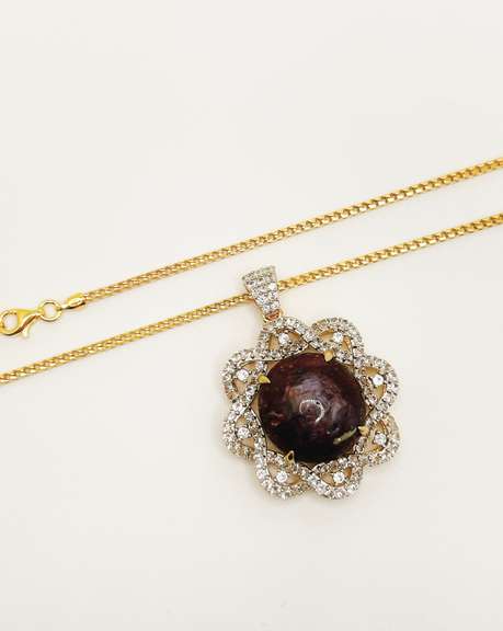 Ravishing 46.00CTS Cabochon-Cut Star Ruby & 3.94CTW White Sapphire Pendant Necklace in Gold Plated Sterling Sliver