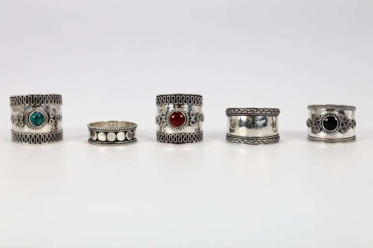 .925 Sterling Silver Handmade Bali Rings Lot of 5 Various Sizes & Styles