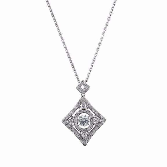 Beautiful platinum over 925 non tarnish sterling with center stone dancing pendant