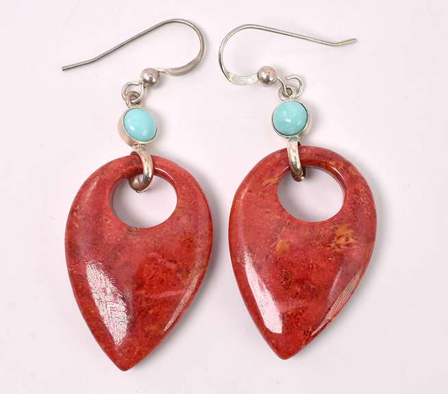 Red Jasper And Blue Turquoise Dangle Earrings In Sterling Silver