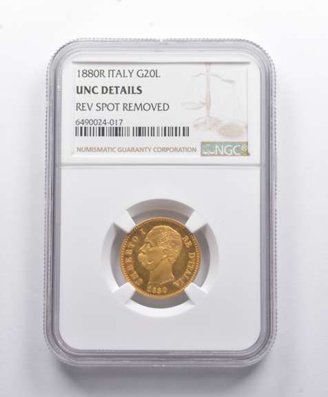 UNC Details 1880 R Italy Gold 20 Lire REV Spot Removed NGC
