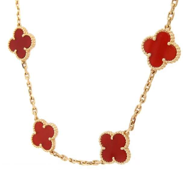 Vintage Van Cleef & Arpels Alhambra 20 Motif Carnelian Station Necklace in 18K W/Box