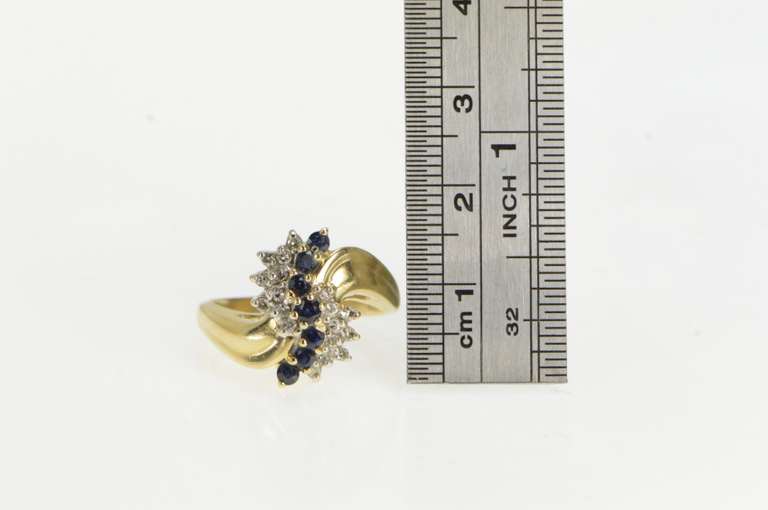 14K Yellow Gold Sapphire Wave Diamond Cluster Vintage Bypass Ring