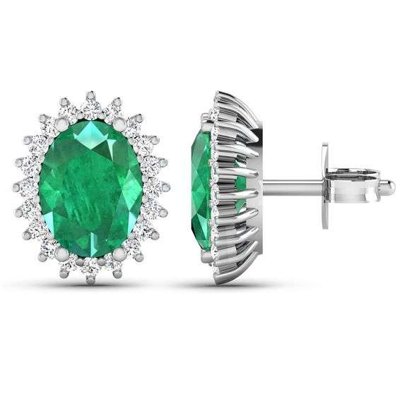 Solid 14 Kt White Gold Emerald & Diamond Earrings