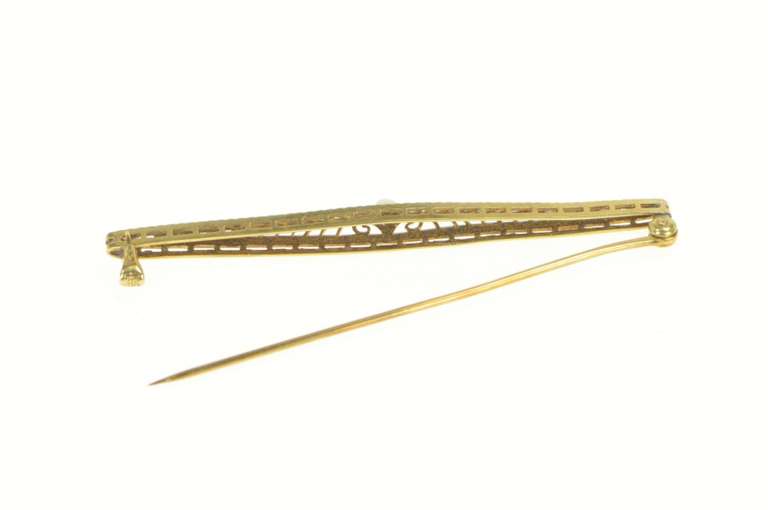 14K Yellow Gold Art Deco Pearl Seed Pearl Filigree Bar Pin/Brooch
