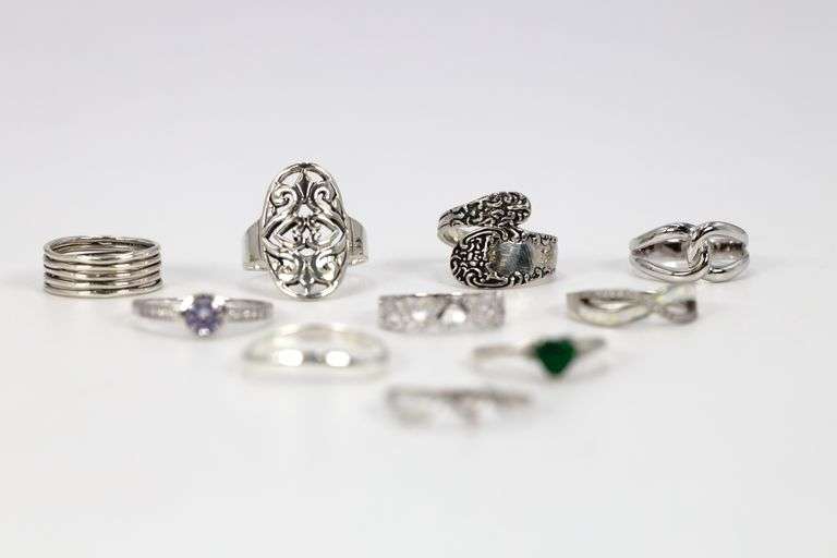 .925 Sterling Silver Curated Ring Lot of 10 Rings Various Sizes & Styles