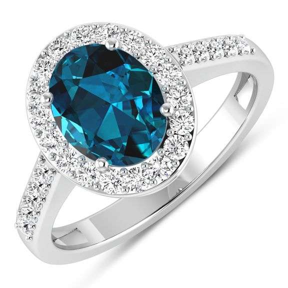 14 Kt Solid White Gold 2 Ct London Blue Topaz & Diamond Ring