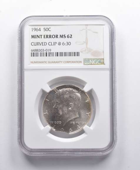 Mint Error MS62 1964 Kennedy Half Dollar Curved Clip @ 6:30 NGC