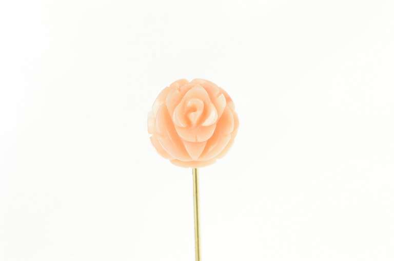14K Yellow Gold Carved Pink Coral Rose Flower Vintage Pin/Brooch