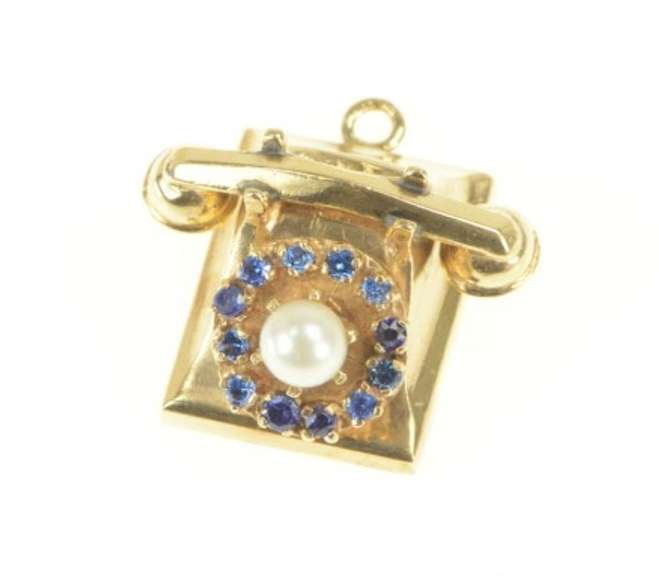 14K Yellow Gold 3D Rotary Dial Sapphire Pearl Telephone Charm/Pendant