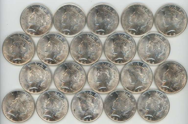 Choice BU Roll of Peace Silver Dollars 1922 to 1925