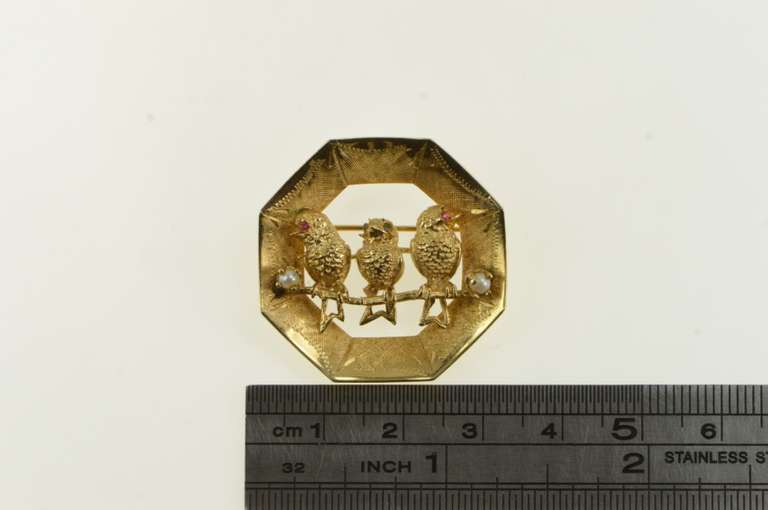 14K Yellow Gold Three Little Birds Retro Pearl Vintage Pin/Brooch