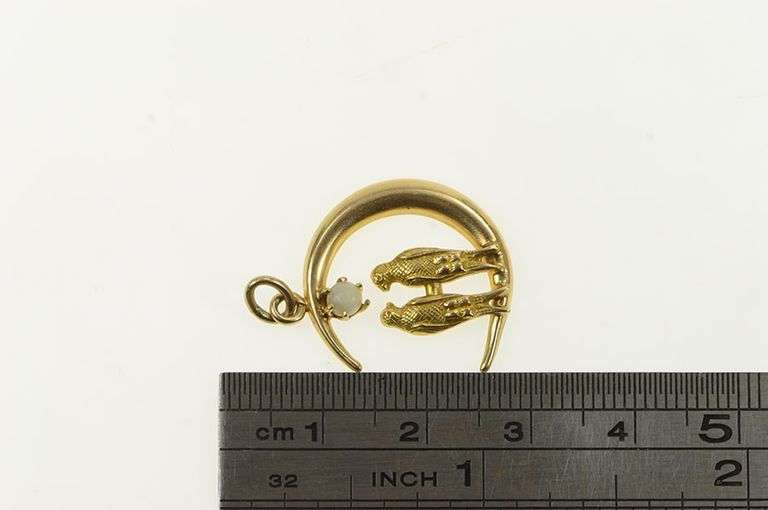 14K Yellow Gold Crescent Moon Love Bird Opal Ornate Pendant