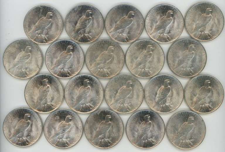 Choice BU Roll of twenty (20) 1922 Peace Silver Dollars. Fresh