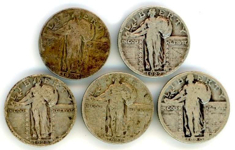 Five Different Silver Standing Liberty Quarters: 1926-1929