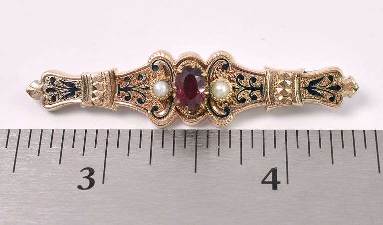 Unique Rhodolite Garnet And Pearl Pin In Yellow Gold