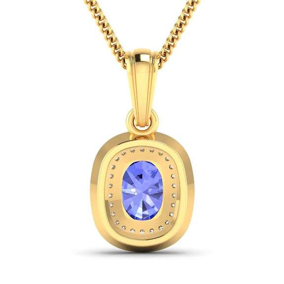 14 Kt Solid Yellow Gold Natural Violet Blue Tanzanite Diamond Pendant
