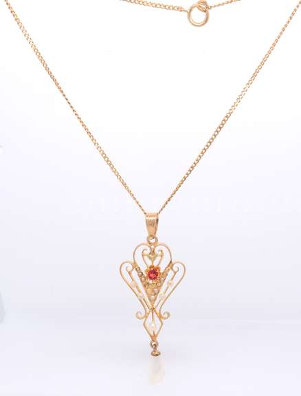 Fabulous Yellow Gold Edwardian Peal and Ruby Pendant Necklace