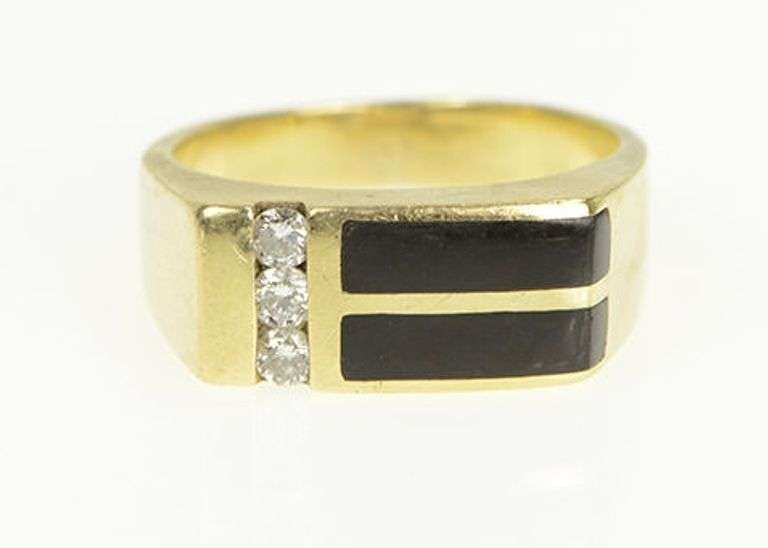 14K Yellow Gold Squared Black Onyx Diamond Statement Ring