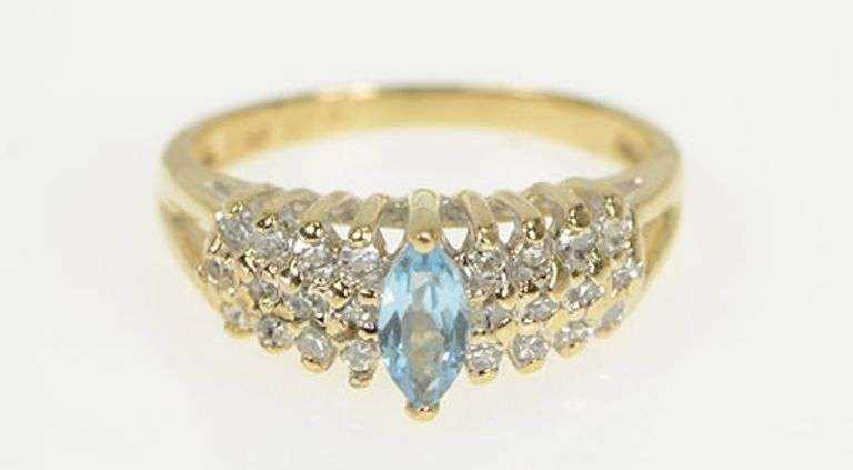 14K Yellow Gold Marquise Blue Topaz Diamond Cluster Band Ring