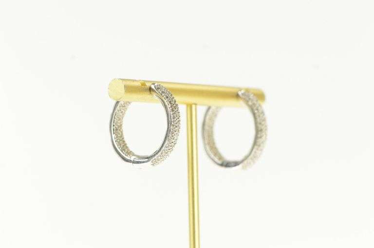 14K White Gold 1.12 Ctw Pave Diamond Inside Outside Hoop Earrings