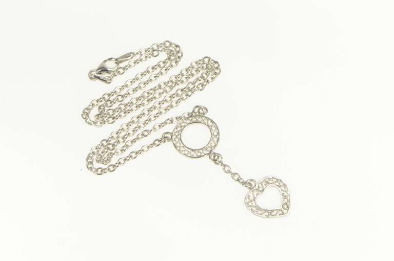 14K White Gold Filigree Heart Drop Cable Link Chain Statement Necklace