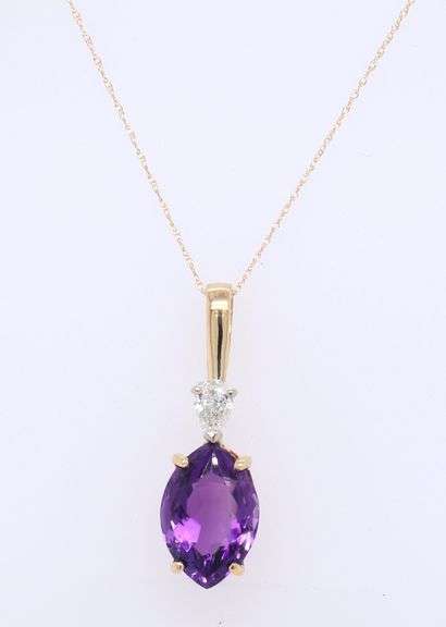 Incredible Yellow Gold Marquoise Amethyst and Diamond Pendant on Chain