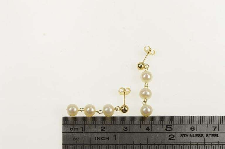 14K Yellow Gold 5.8mm Pearl Dangle Chain Fringe Tassel Earrings